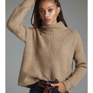 by Anthropologie Funnel Neck Sweater in Tan Brown M Medium Textured Knit
